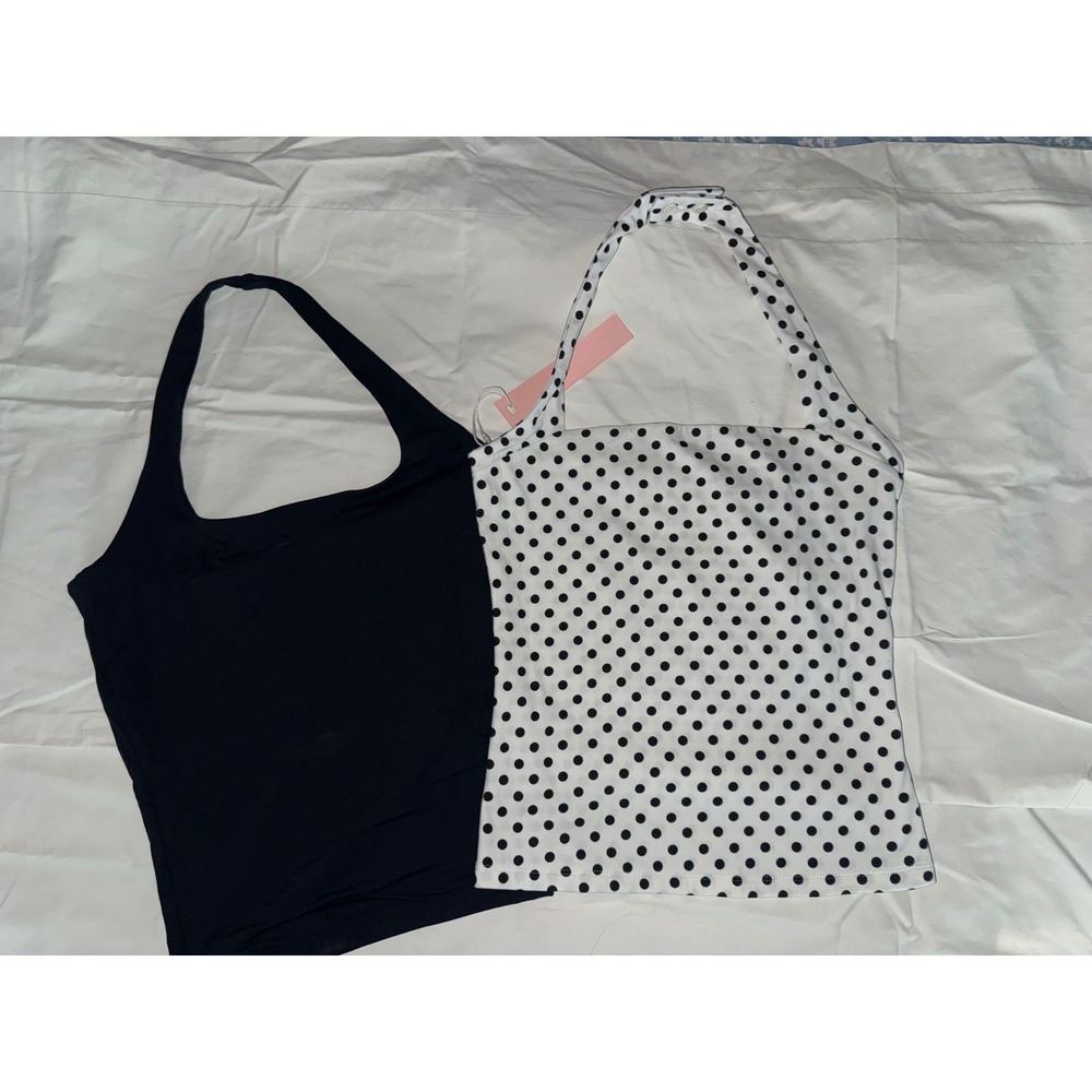 Halter Tank Top Set Solid Black and White Polka Dot Square Neck 2 Pack
